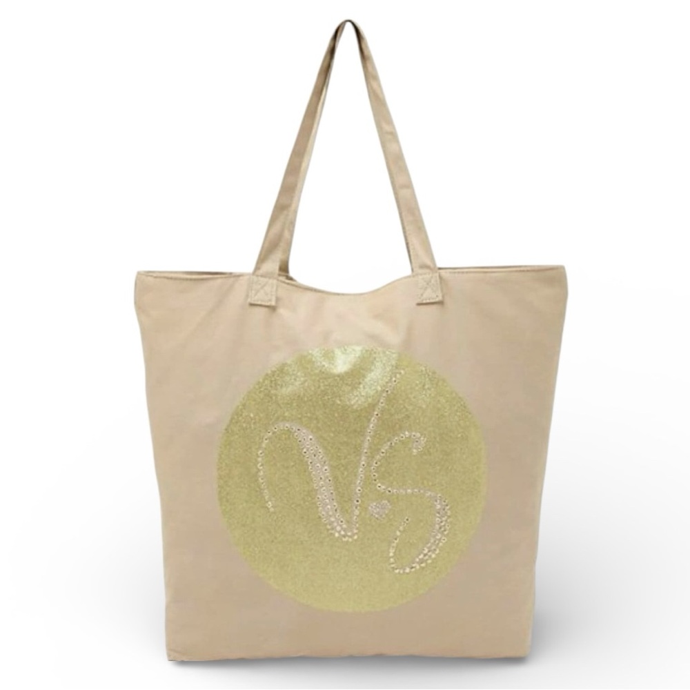Y2K Victoria's Secret Tan and Gold Sparkly Heart Canvas Tote Bag